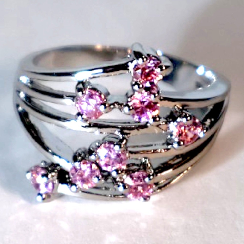 Swarovski Crystal Pink Cluster Ring Sterling Silver Overlay Size 8 Statement New